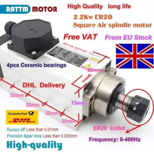 EU free VAT Square 2.2kw Air cooled spindle motor ER20 runout-off 0.01mm 220V 4 Ceramic bearing for CNC Engraving milling grind