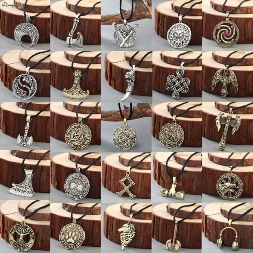 Norse Statement Viking Necklace Men' Pagan Jewelry Wolf Axe Thor Hammer Amulet Symbol Slavic Punk Vintage Women Necklace Gift