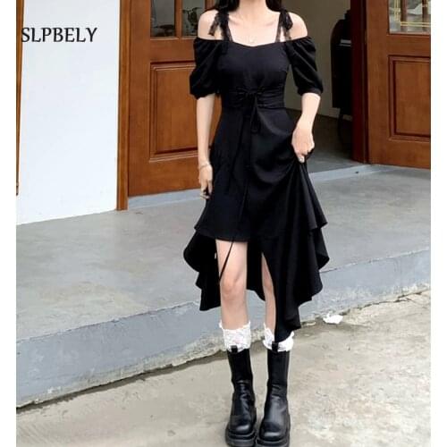 SLPBELY Women Irregular Sling Dress Casual Summer Strap Lace Long Black Dress Chic Ruffled Ankle-Length Party Dress Vestido 2021