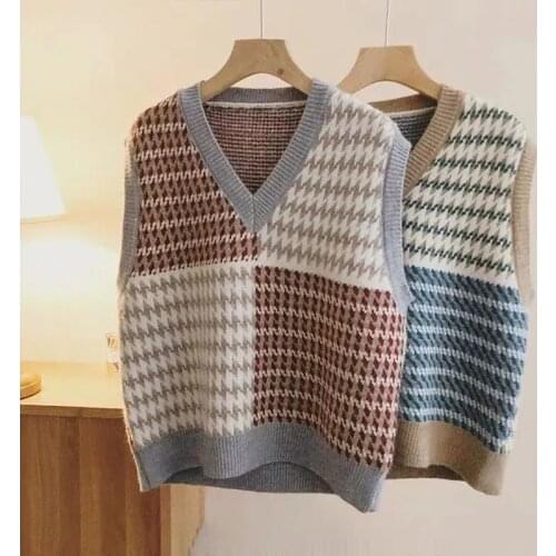 Vintage Argyle Plaid Sweater Vest Autumn Winter New Korean Jacquard Loose Outwear V-neck Patchwork Color Warm Tank Streetwear