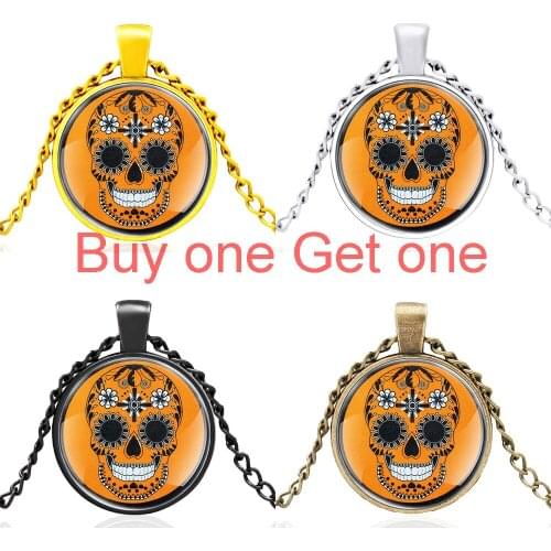 Funny Skull Flower Design Fashion Glass Cabochon Charm Pendant Necklace Jewelry Men Women Accessories Gifts