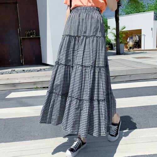 Spring Summer Vintage Plaid Skirt Womens Elastic Waist A-line Long Skirts Female Patchwork Pleated Maxi High Waist Skirt