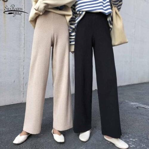 High Waist Thick Women 2020 Stripe Black Apricot Trousers Loose Casual Winter Drape Knitted Wide-leg Elastic Waist Pants 12321