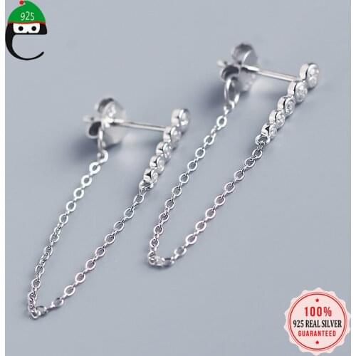 ElfoPlataSi Real 925 Sterling Silver Fashion Sweet Ins Chain CZ Stud Earrings For Women Wedding Party Fine S925 Jewelry DA1587