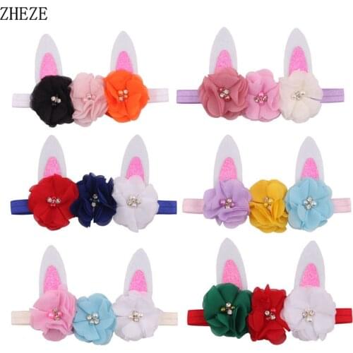 6PCS 2.5" Chic Shabby Chiffon Flower Rabbit Ears Elastic Headband Easter Festival Kids Girl DIY Hair Accessories Floral Headwrap