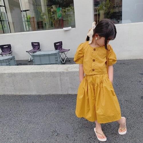 2021 Summer Toddler Girls Clothing Sets 100% Cotton Casual Short Tops+Wide Leg Pants Solid Color Loose Childrens Suits 2-7Yrs
