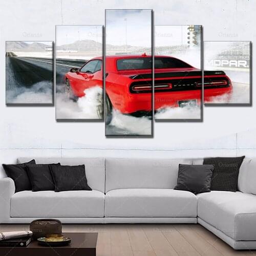 5 4 3 1 Panel Smoke Red Vehicle Dodge Challenger Wall Art Poster Canvas Painting For Modern Living Room Decor Type Picture Frame
