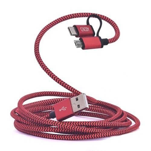 CACOY 6.6Ft/2M Type C/Micro USB 2 in 1 Cable Aluminum Shell Nylon Braided Cord for Micro USB and Type C Devices (Black&Red)
