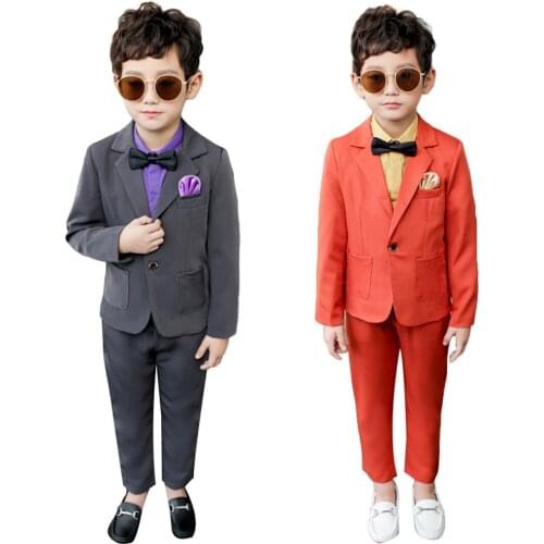 4Pcs Boys Formal Suit Jacket+Pants+Shirt+ Bowtie 2-9 Years Kids Dark Grey Champagne Dresswear Slim Fit Wedding Party Clothes Set