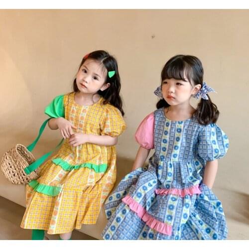 Childrens Girls Dresses 2021 Summer New Baby Girls Korean Stitching Sleeves Pleated Dress Childrens Floral Cute Dresses 2-8Y