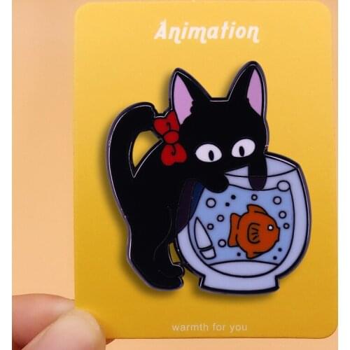 Kikis Delivery Service Jiji black cat and goldfish cartoon brooch Christmas gift enamel pin
