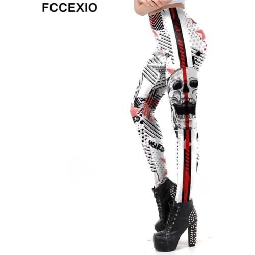 FCCEXIO Halloween Skull Punk Digital Printed Workout Jogging For Women Fitness Stretch Slim Pant Plus Size Leggings