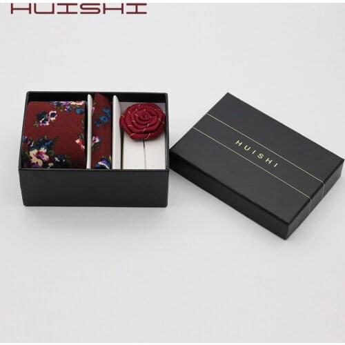 HUISHI 2019 New Style Wine Red Men Ties Set Floral Tie Printed Floral Necktie Handkerchief Lapel Pin With Black Box Set For Gift