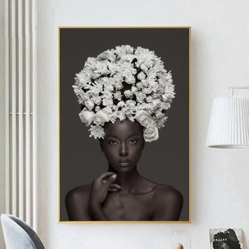 Flowers on Head Canvas Paintings On the Wall Art Posters and Printa African Woman Nordic Art Pictures Home Wall Decor Cuadros