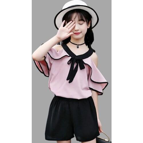 Summer Childrens Clothing Chiffon Off Shoulder Girls Top + Pants Fashion Girl Clothing Set Teenage Girl Clothes 4 6 8 12 Years