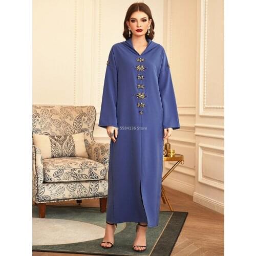 Moroccan Hooded Kaftan Dress for Women Luruxy Hand-Sewn Diamond Abaya Dubai Turkey Muslim Hijab Dress Islamic Clothing 2021