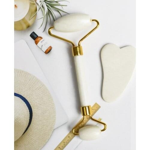 New White Jade Stone Massage Natural Quartz Scraper Jade Roller Gua sha Set White Face Lifting Facial Massager Tool for Back