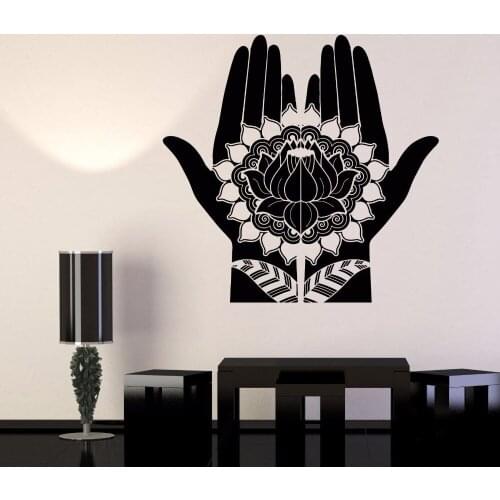 New Design Flowers Vinyl Wall Decal Mehndi Decoration Beauty Hands Henna Lotus Stickers Removable Yoga Room Home Decor Hot LA868