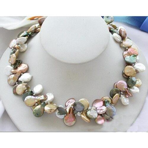 Unique Pearls jewellery Store 2row 18'' 15mm Multicolor Coin Freshwater Pearl Necklace Charming Women Gift Birthday Jewelry