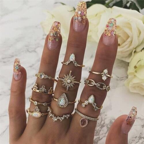 Boho Vintage CZ Crystal Knuckle Gold Rings For Women Bohemia Star Crown Chain Geometric Female Finger Rings Set Jewelry 2020 New