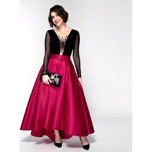New Style Hi Low Party Skirt Jupe Femme Asymmetrical Long Formal Skirt Custom Pleat Satin Front Short Back Long Faldas Skirts