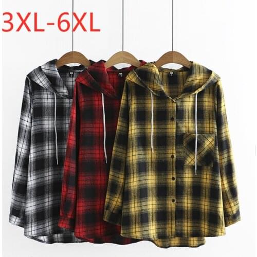 New 2021 Ladies Spring Autumn Plus Size Hoodie Tops For Women Large Long Sleeve Loose Cotton Plaid Long Shirt 3XL 4XL 5XL 6XL