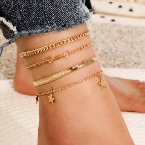 2020 Bohemian Star Bracelet Adjustable Chain Bangles Women Vintage Pendant Ankle Summer Party Weddings Gift Gold Color 4PCS