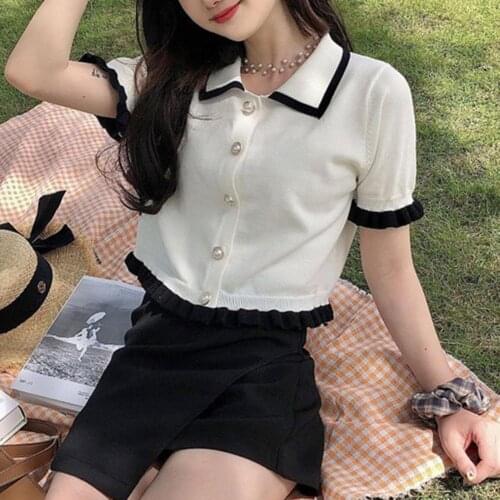 New Summer Sweet Women Turn Down Collar Faux Pearl Buttons Short Sleeves Knitted Cardigan Ruffles Tops Hot Sell Ladies cardigan