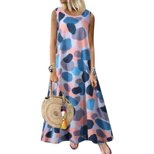 Plus size Women Casual Summer Round Neck Sleeveless Printed Retro Ethnic Beach Long Dress Retro Ethnic Beach Long Dress Women