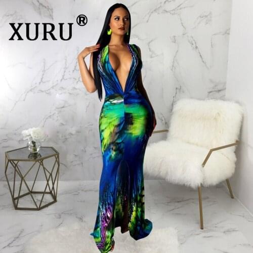 XURU digital print V-neck dress summer sexy dress hot womens dress