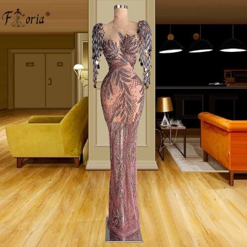 Luxury Full Handmade Beaded Crystal Evening Dresses Sweep Train Sparkly See Through Formal Women Evening Gowns robe de soiree