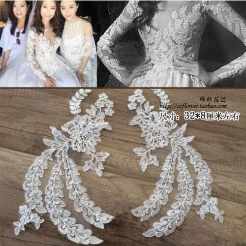 10 Pieces/5 Pairs 32*8cm Off White Bridal Tulle Lace Fabric Applique Flower Floral Mesh Wedding Lace Applique Lace Motifs