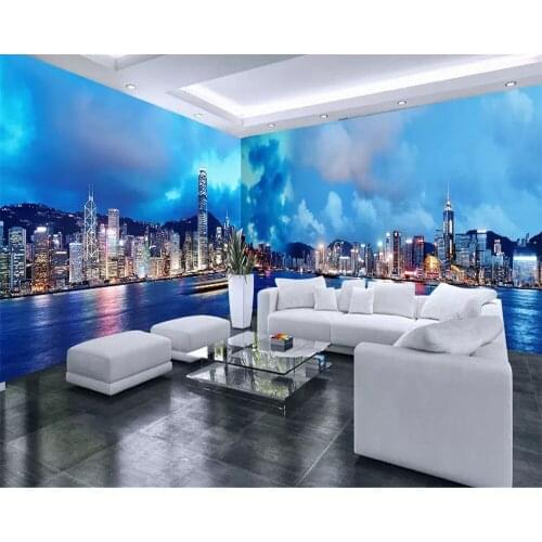 Beibehang behang Customized large photo wallpaper Hong Kong night scene sea sky full house background flash wallpaper Vinyl wall