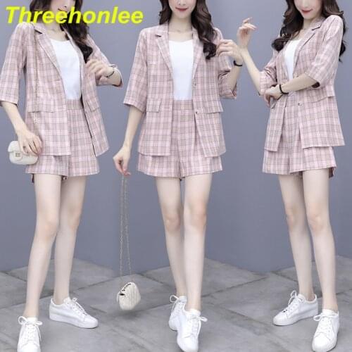 Two-piece Blazer Women Suits Double Breasted Plaid Casual Female Blazer Shorts Set Elegant Office Ladies Blazers Sets