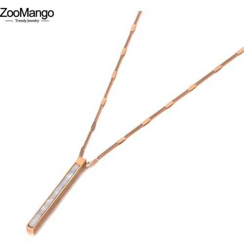 ZooMango Simple Design White Shell Long Strip Charm Pendant Necklace For Women Trendy Titanium Steel CZ Crystal Necklace ZN20161