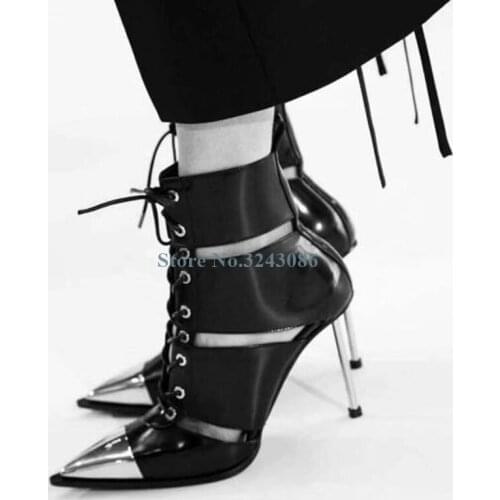Black Leather Pointed Toe Hollow Out Lace Up Sandals Boots Rivet Metal Thin High Heel Sandals Cross Tied Sexy Motorcycle Boots