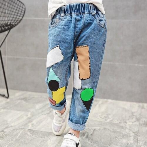Childrens jeans fashion spring autumn girls boys patch jeans 3-12 years old childrens casual elastic waist pants