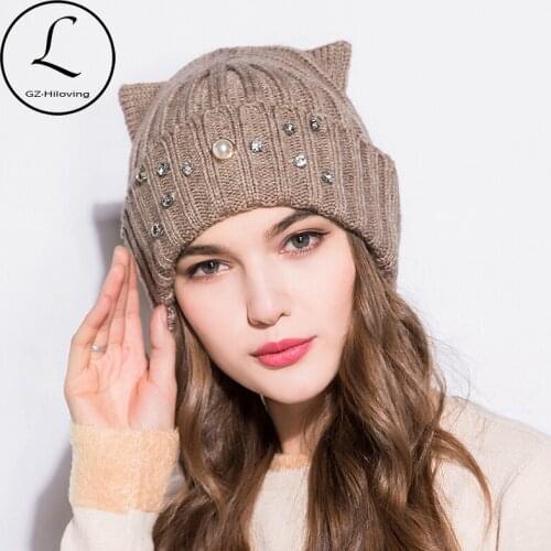 GZHILOVINGL New Warm Woman Girls Winter Beanies Knitted Hat With Cat Ears Pearls Hats Wool Hip Hop Beanies For Ladies Bonnet Cap