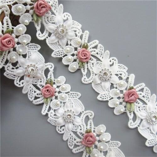 10X Cotton Pink Rose Flowers Diamond Pearl Lace Trim Embroidered Ribbon Fabric Sewing Craft DIY For Costume Shoes Decoration