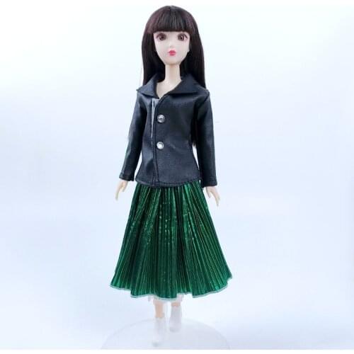 Toys For Children Fashion Black Coat & Dark Green Pleated Skirt For Barbie Doll Outfits Clothes Set for 1/6 Doll Accessories