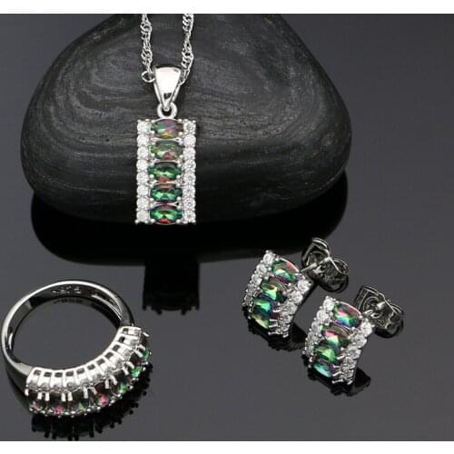 925 Silver Jewelry Sets Rainbow Cubic Zirconia Stud Earrings Ring Pendant Necklace Set For Women Silver Accessories
