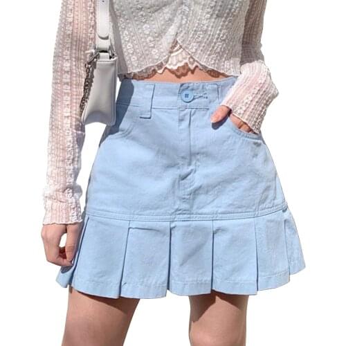 High Waist Short Skirt with Pockets, Blue/ Khaki2021 Summer Women Fashion Casual Pleated Hem Skirt, Solid