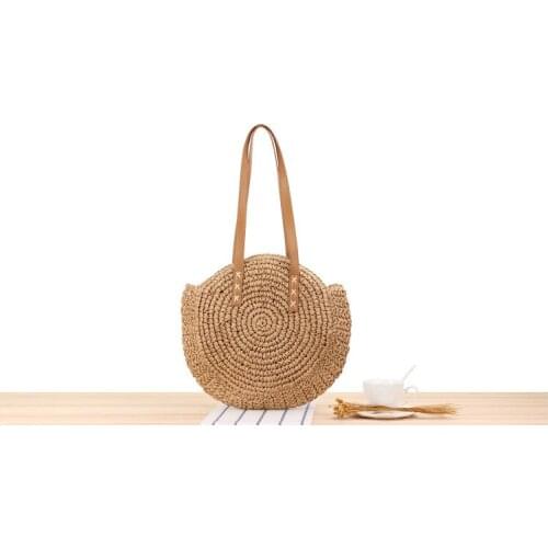 Round Straw Beach Bag Vintage Handmade Woven Shoulder Bag Raffia Circle Rattan Bags Bohemian Summer Vacation Casual Bags