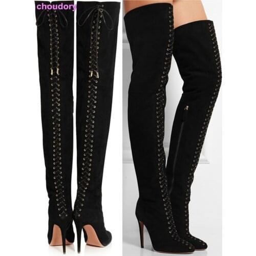 Top Brand Unique Design Black Suede Boots Back Front Lace-up Fastening Dress Boots Trendy Ladies Footwear Thin High Heel Shoes