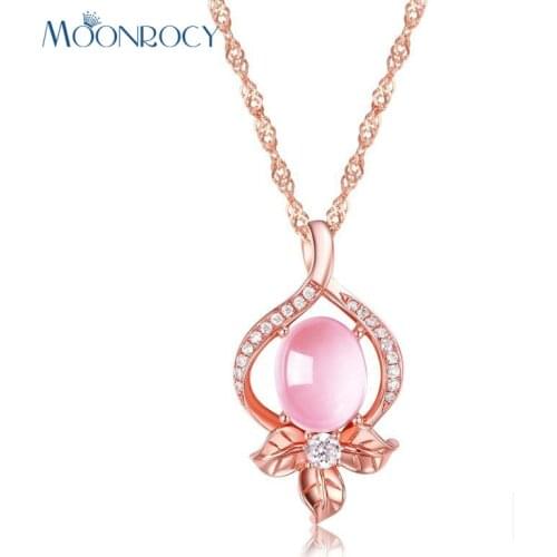 MOONROCY Drop Shipping Jewelry Rose Gold Color Flower Leaf Ross Quartz CZ Pink Opal Necklace for Women Girls Gift Choker