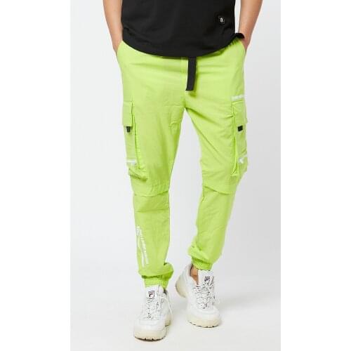 Mens Green Nylon Cargo Pants Elastic Skinny Leg