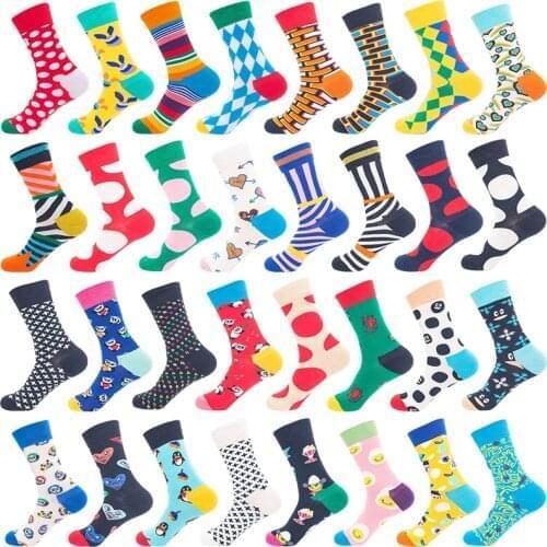 5 Pairs Men Women Soft Cotton Socks with Lattice Strip Dot Funny Pattern Long Socks Creative 3D Printing Long Sock Spring Autumn