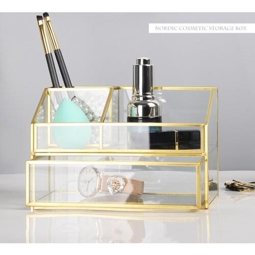 2020 New Fashion Glass Makeup Brush Storage Box Jewelry Box Cosmetic Tube Clear/Gold Makeup Organizer With Drawer