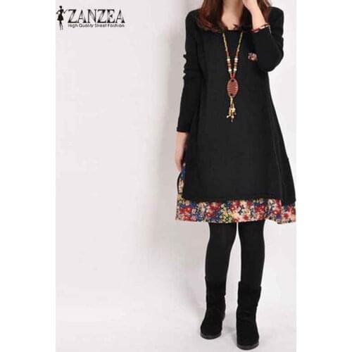 ZANZEA Women Dress 2021 Autumn Casual Vintage Vestidos Ladies Loose Floral Hem O Neck Long Sleeve Cotton Dresses