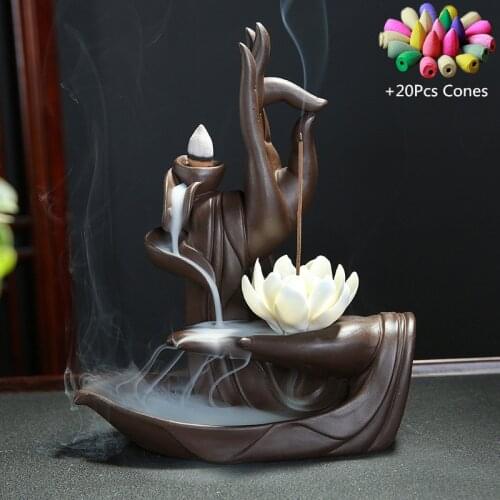 Gift Box With 20Pcs Cones Purple Clay Incense Burner Buddha Hand Backflow Incense Burner Lotus Incense Burner